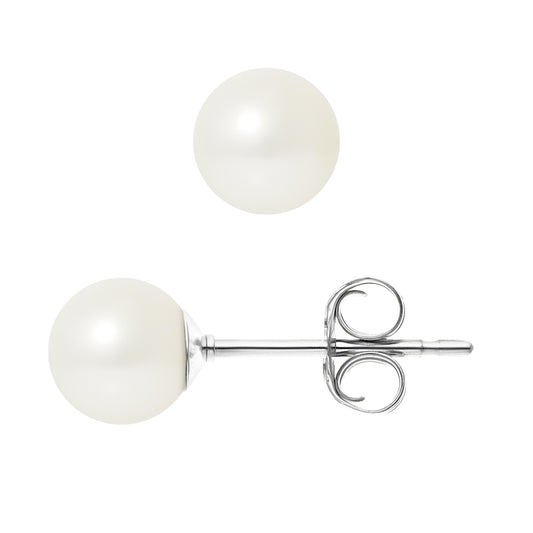 PERLINEA- Boucles d'Oreilles- Perles de Culture d'Eau Douce Ronde 6-7  mm Blanc- Bijou Femme