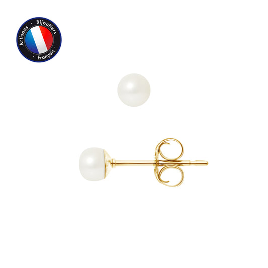PERLINEA- Boucle d'Oreilles- Perles de Culture d'Eau Douce Bouton 4-5 mm Blanc- Bijou Femme- OrJaune