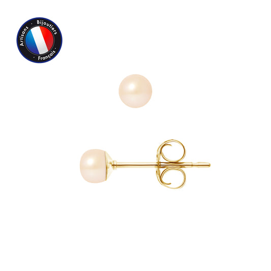 PERLINEA- Boucle d'Oreilles- Perles de Culture d'Eau Douce Bouton 4-5 mm Rose- Bijou Femme- OrJaune