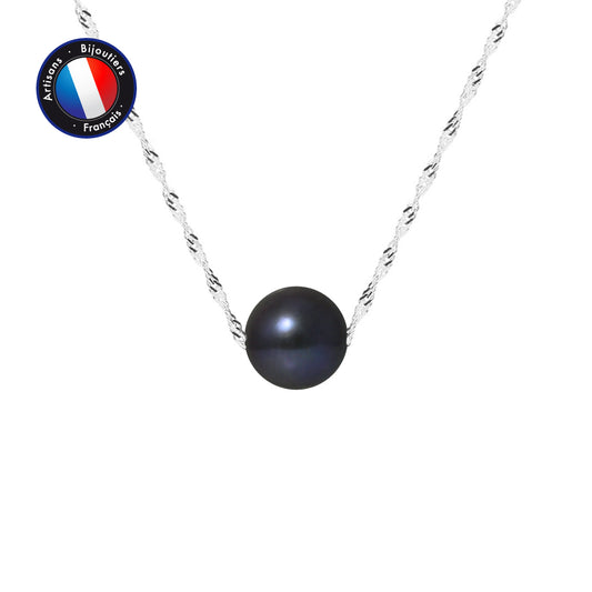 PERLINEA- Collier- Perles de Culutre- Diamètre 8-9 mm Black Tahiti- Bijou Femme- Or Blanc