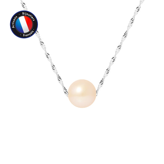 PERLINEA- Collier- Perles de Culutre- Diamètre 8-9 mm Rose- Bijou Femme- Or Blanc