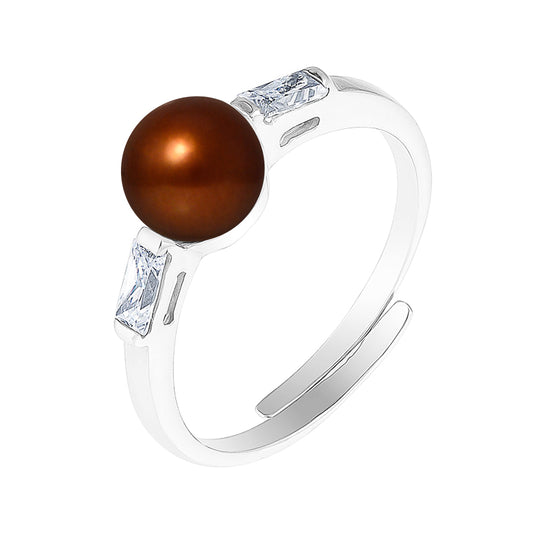 PERLINEA- Bague- Perles de Culture d'Eau douce- Bouton Diamètre 6-7 mm Chocolat- Taille R‚glable- Bijou Femme- Argent 925 Millièmes