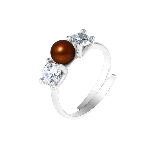PERLINEA- Bague- Perles de Culture d'Eau douce- Bouton Diamètre 5-6 mm Chocolat- Taille R‚glable- Bijou Femme- Argent 925 Millièmes
