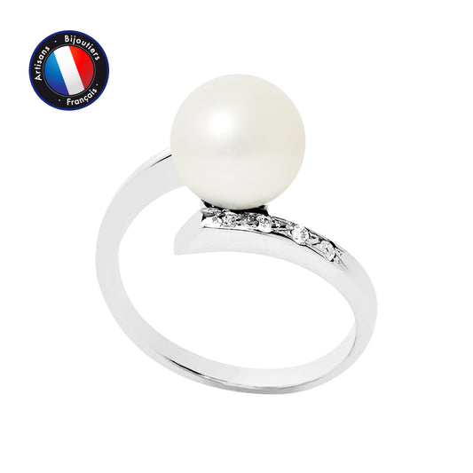 PERLINEA- Bague- Perles de Culture d'Eau Douce- Ronde Diamètre 8-9 mm Blanc- Taille 48 (EU)- Bijou Femme- Or Blanc- Dimants