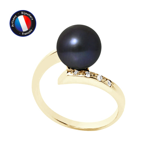 PERLINEA- Bague- Perles de Culture d'Eau Douce- Ronde Diamètre 8-9 mm Black Tahiti- Taille 48 (EU)- Bijou Femme- OrJaune- Dimants