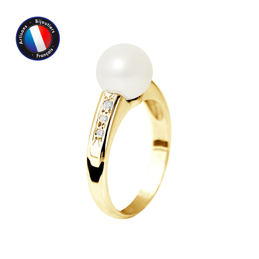 PERLINEA- Bague- Perles de Culture d'Eau Douce- Ronde Diamètre 8-9 mm Blanc- Taille 48 (EU)- Bijou Femme- OrJaune- Dimants
