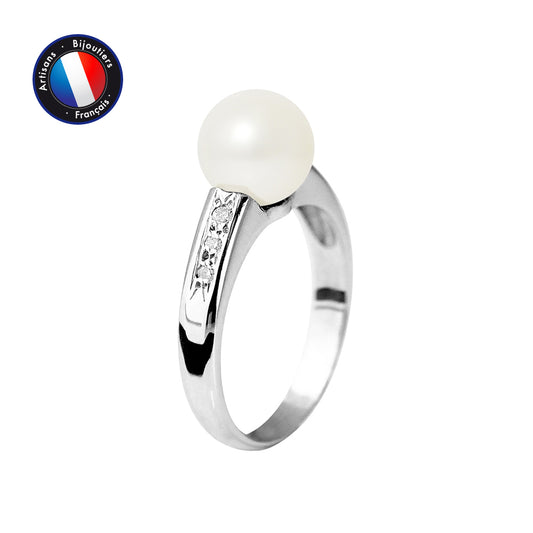 PERLINEA- Bague- Perles de Culture d'Eau Douce- Ronde Diamètre 8-9 mm Blanc- Taille 48 (EU)- Bijou Femme- Or Blanc- Dimants