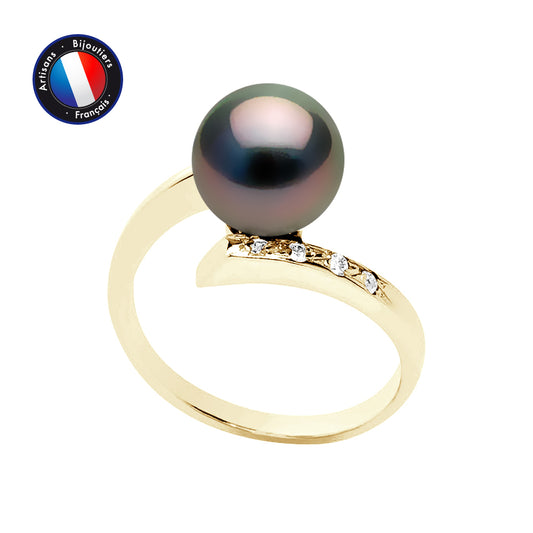 PERLINEA- Bague- Perles de Culture de Tahiti- Ronde Diamètre 8-9 mm- Taille 62 (EU)- Bijou Femme- Or Blanc- Diamants