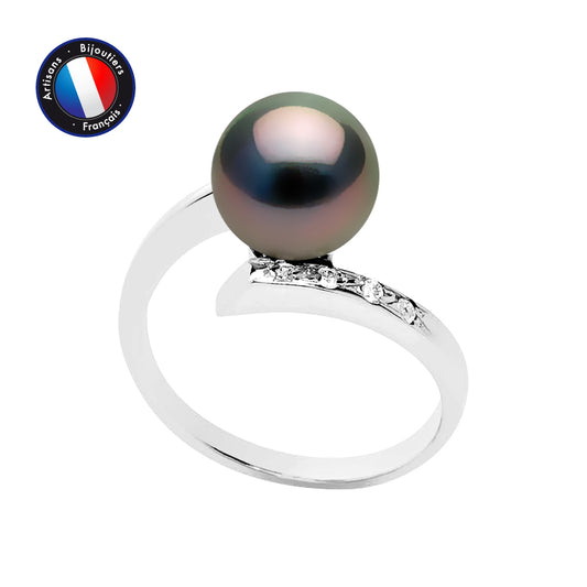PERLINEA- Bague- Perles de Culture de Tahiti- Ronde Diamètre 8-9 mm- Taille 48 (EU)- Bijou Femme- Or Blanc- Diamants
