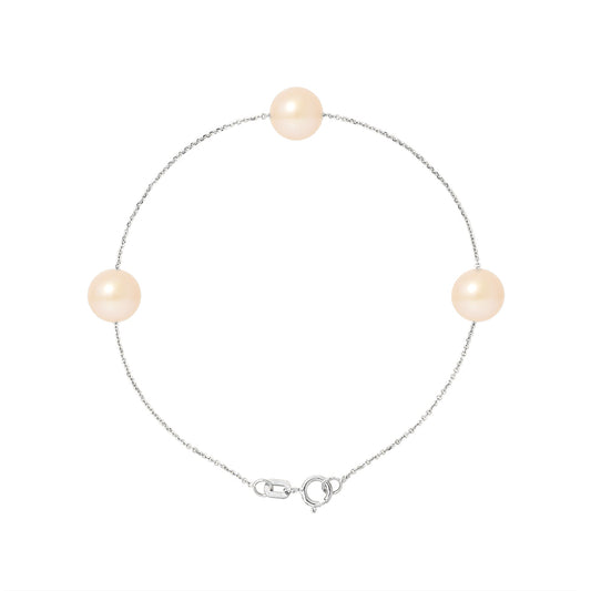 PERLINEA- Bracelet 3 Perles de Culture d'Eau Douce- Diamètre 7-8 mm Rose- Bijou Femme- Argent 925 Millièmes