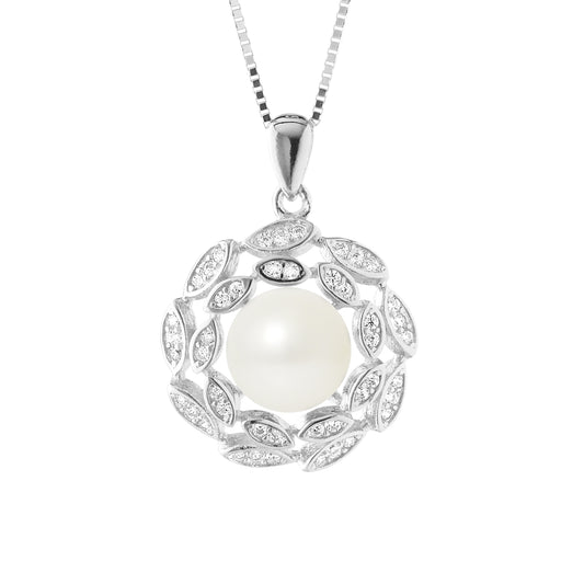 PERLINEA- Collier Corolle- Perle de Culture d'Eau Douce  Bouton 8-9 mm Blanc- Bijou Femme- Argent 925 Millièmes