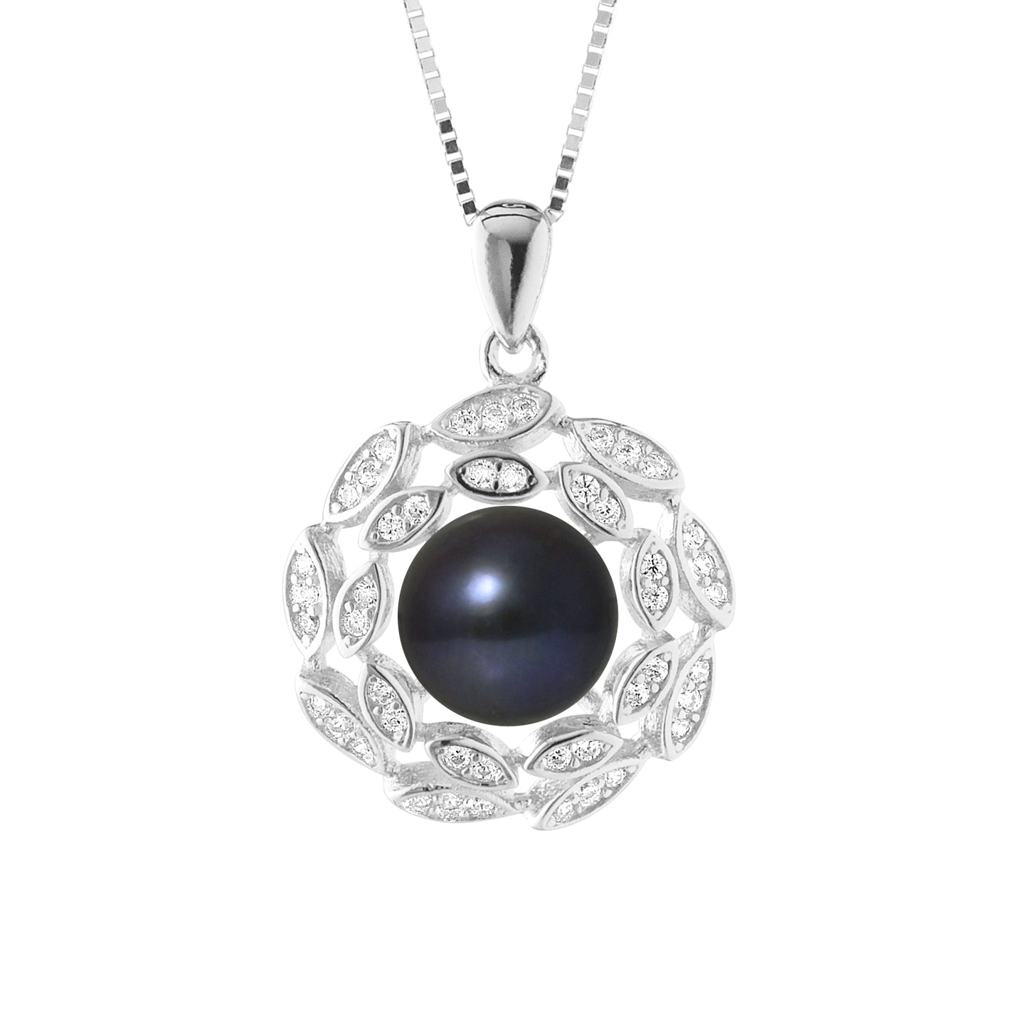 PERLINEA- Collier Corolle- Perle de Culture d'Eau Douce  Bouton 8-9 mm Black Tahiti- Bijou Femme- Argent 925 Millièmes