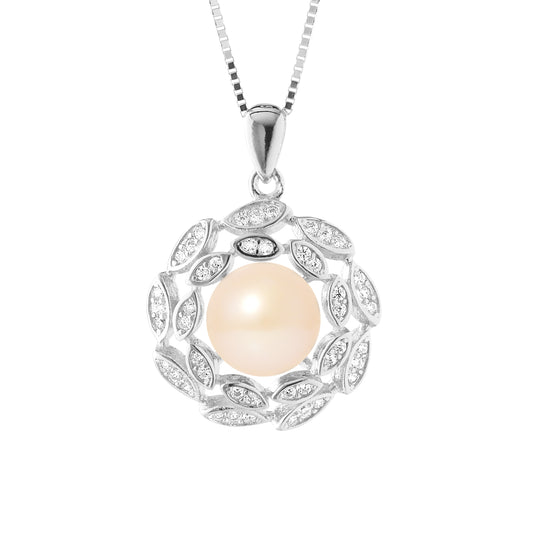 PERLINEA- Collier Corolle- Perle de Culture d'Eau Douce  Bouton 8-9 mm Rose- Bijou Femme- Argent 925 Millièmes