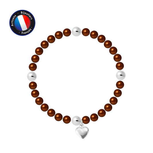 PERLINEA- Bracelet Porte Bonheur- Perle d'Eau Douce- Ronde 5-6 mm Chocolat- Bijou Femme